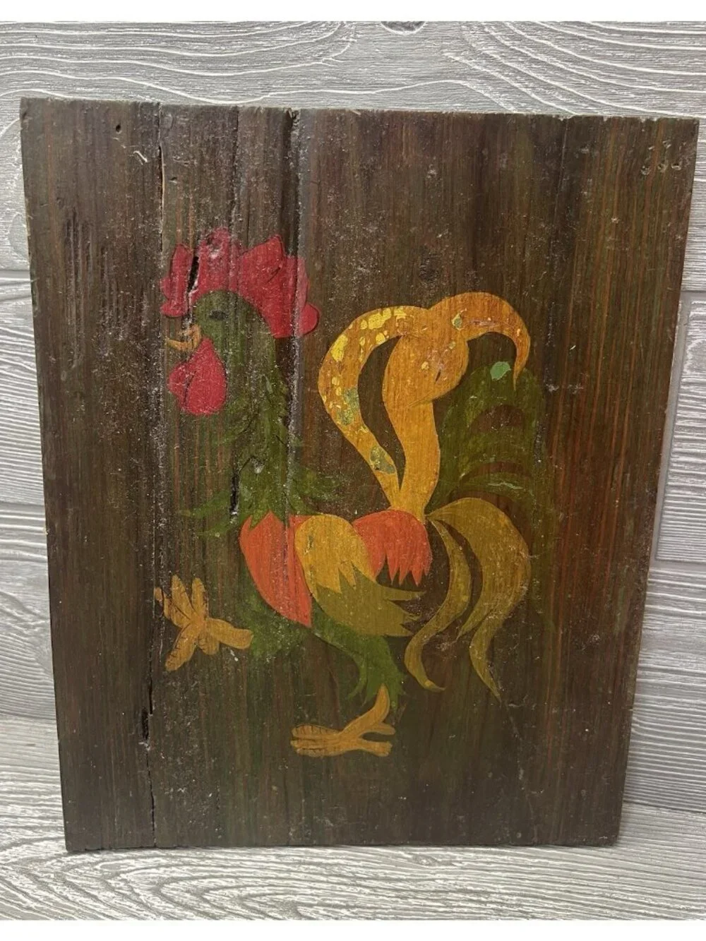 Vintage Hand Painted Rooster Wood Plaque Wall Decor Rustic Folk Art Farmhouse